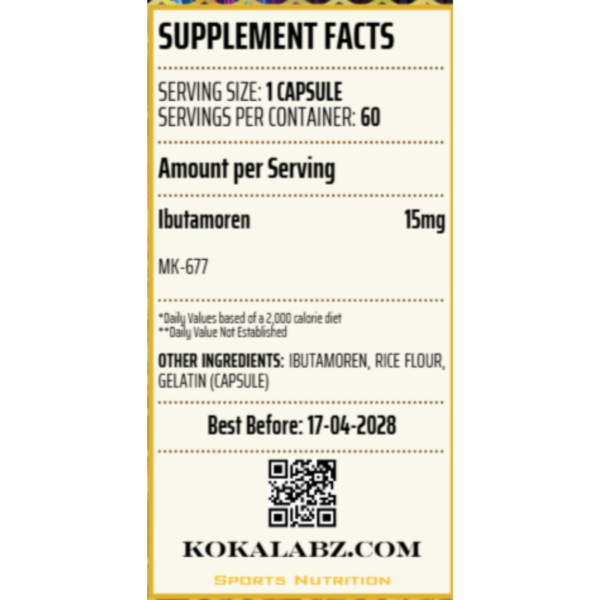 An image showing the Supplement Facts label for Ibu-Grow by Koka Labz, with 15mg of Ibutamoren per capsule. Includes serving size, container details, ingredients like rice flour and gelatin, and a QR code with product website information