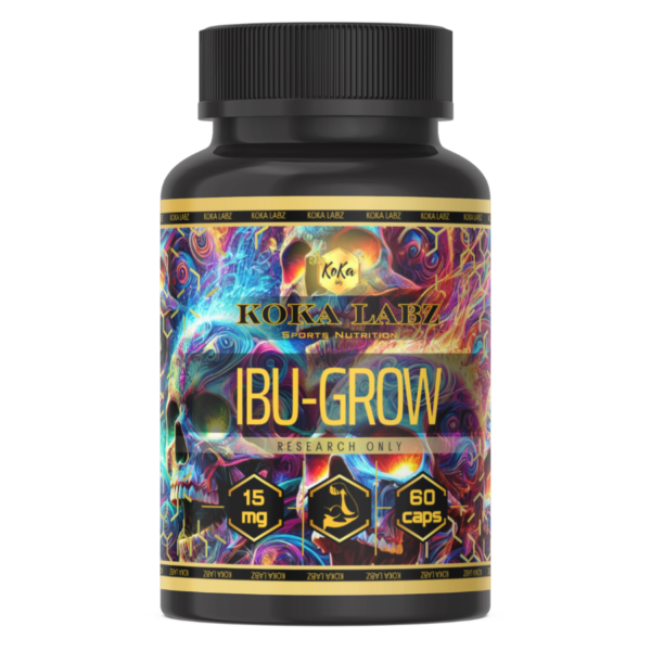 The Ibu-Grow dietary supplement bottle by Koka Labz, showcasing vibrant, artistic packaging design. The label displays essential product information, including “15mg” potency, “60 caps,” and Koka Labz branding