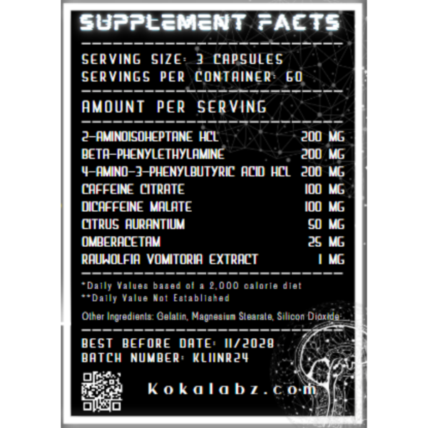 Supplement facts label for Night Rider V2 by Koka Labz showing ingredient breakdown, serving size, and nutritional details