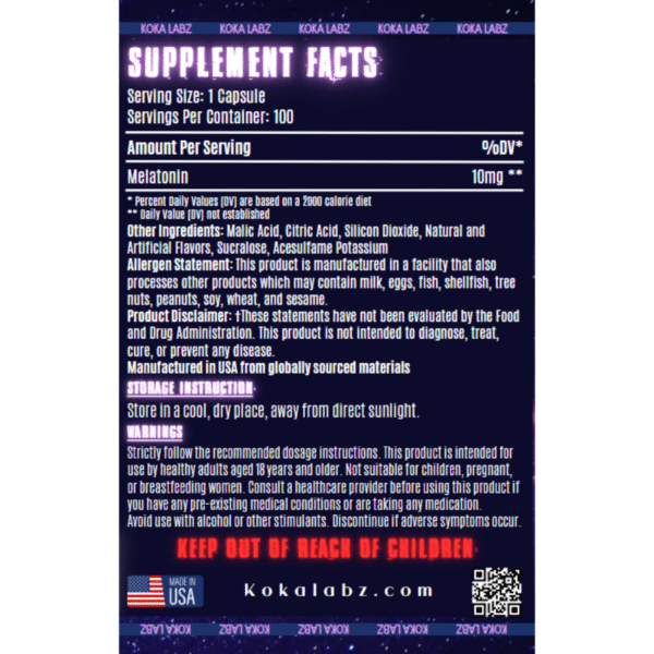 Supplement Facts panel of Melatonin Max with 10mg dosage