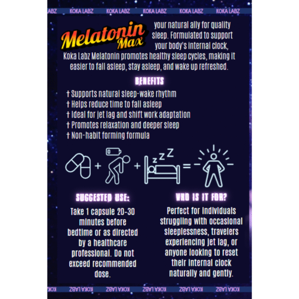 Infographic of Melatonin Max benefits and usage instructions