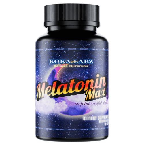 Bottle front of Koka Labz Melatonin Max – 100 Capsules