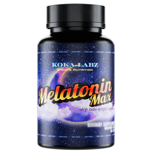 Bottle front of Koka Labz Melatonin Max – 100 Capsules