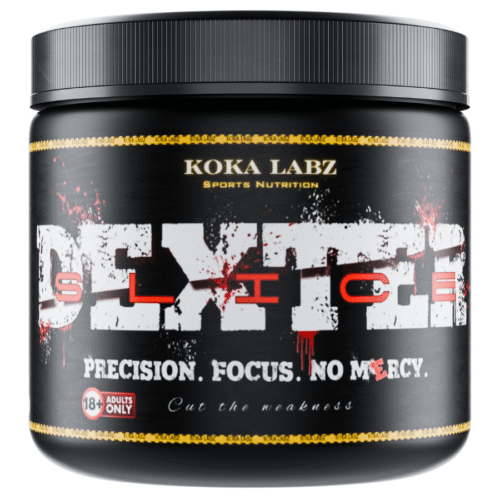 Dexter Slice pre-workout by Koka Labz – front label with bold design and slogan