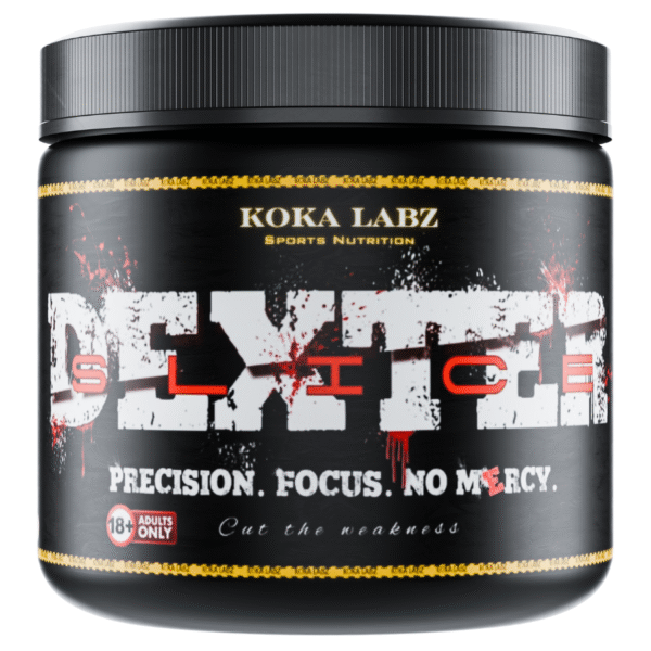Dexter Slice pre-workout by Koka Labz – front label with bold design and slogan